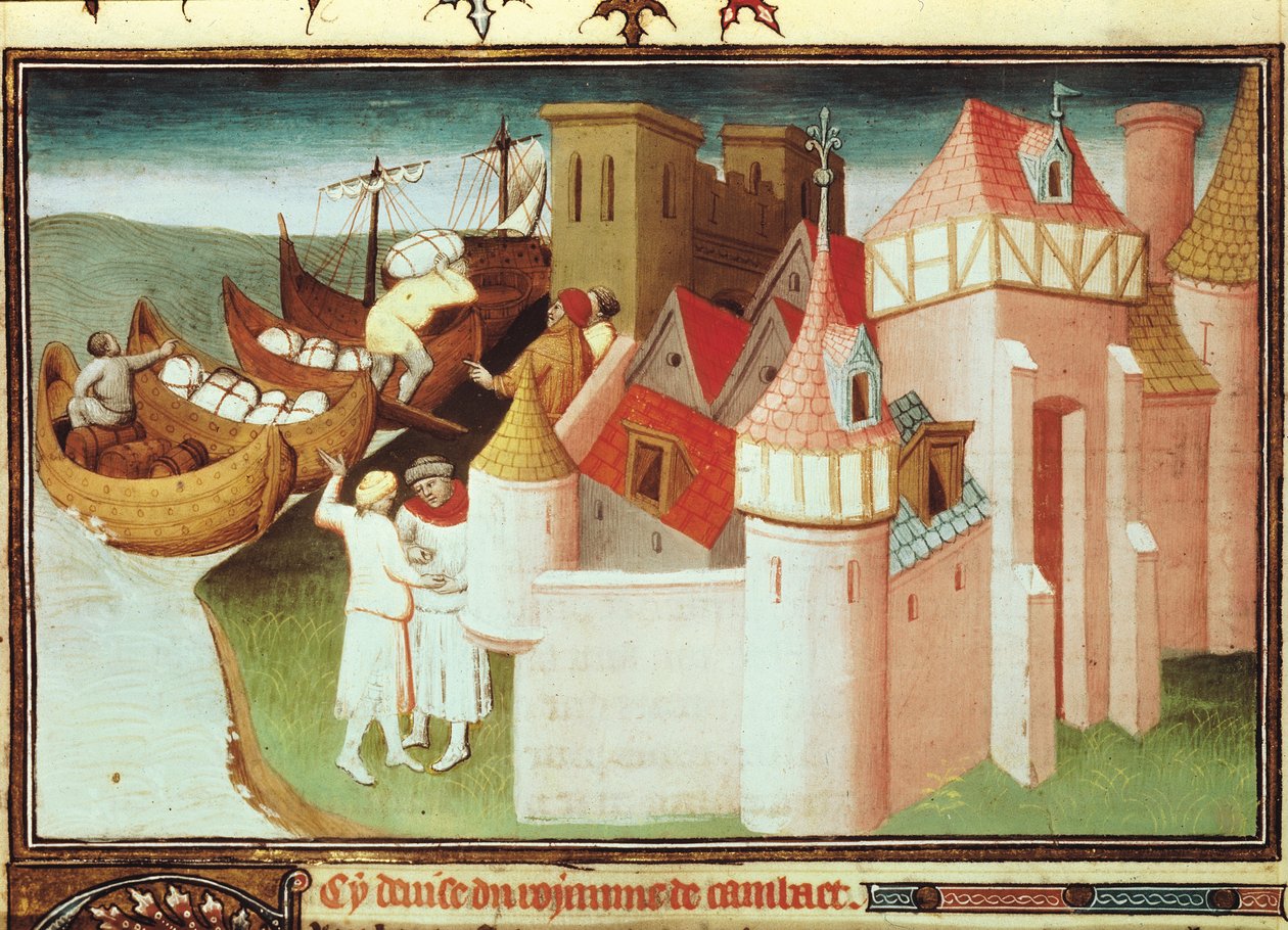 Ms Fr 2810 f.86v, kauppa Cambaynlahdella, Intia, "Livre des Merveilles du Monde", n. 1410-12 (tempera on vellum) tekijältä Boucicaut Master