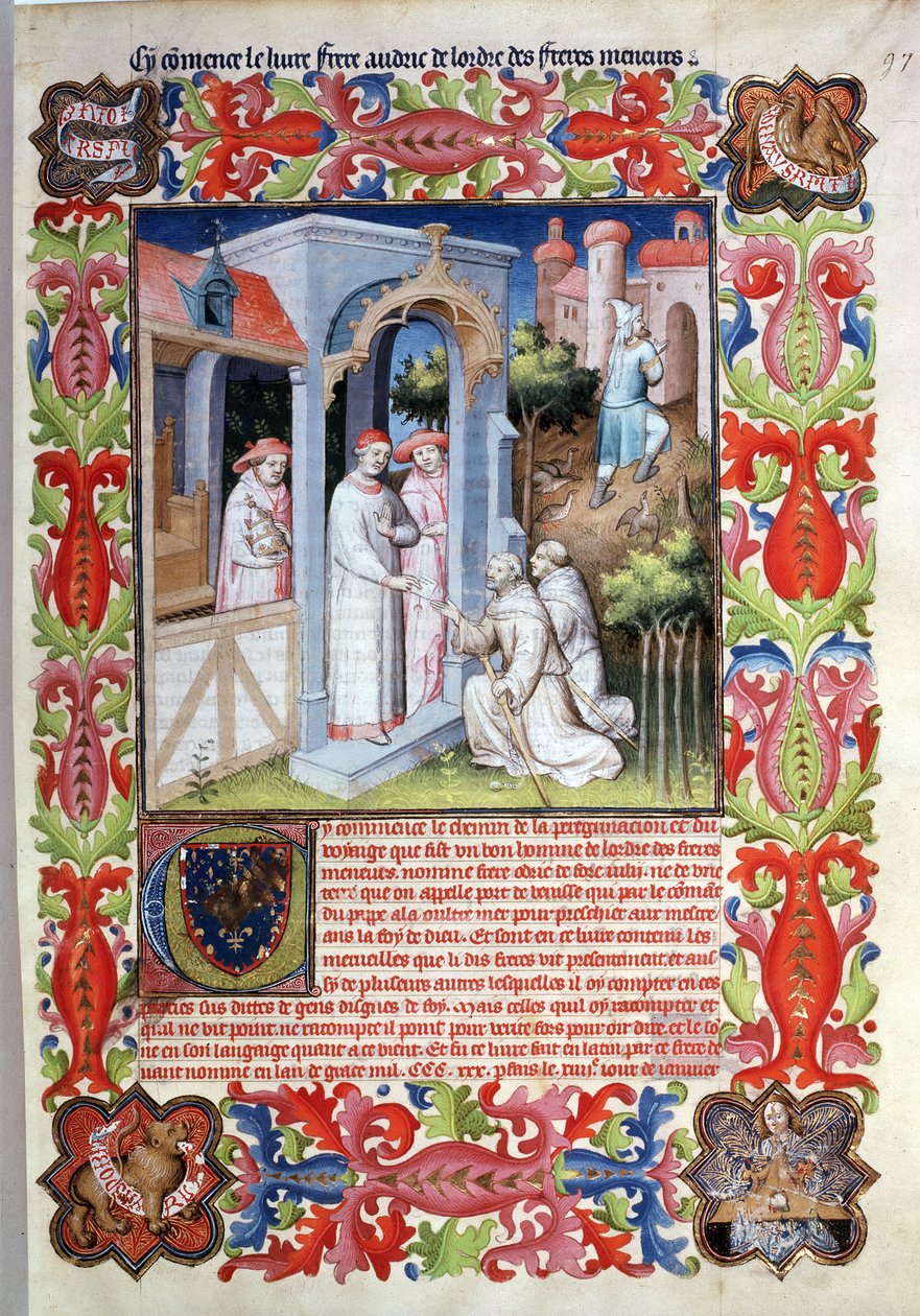 Ms Fr 2810 f.97, Odorico da Pordenone ja Jaakob Irlannista jättävät lomansa paavi Johannes XXII:lle, "Livre des Merveilles du Monde", n. 1410-1212 (tempera vellum) tekijältä Boucicaut Master