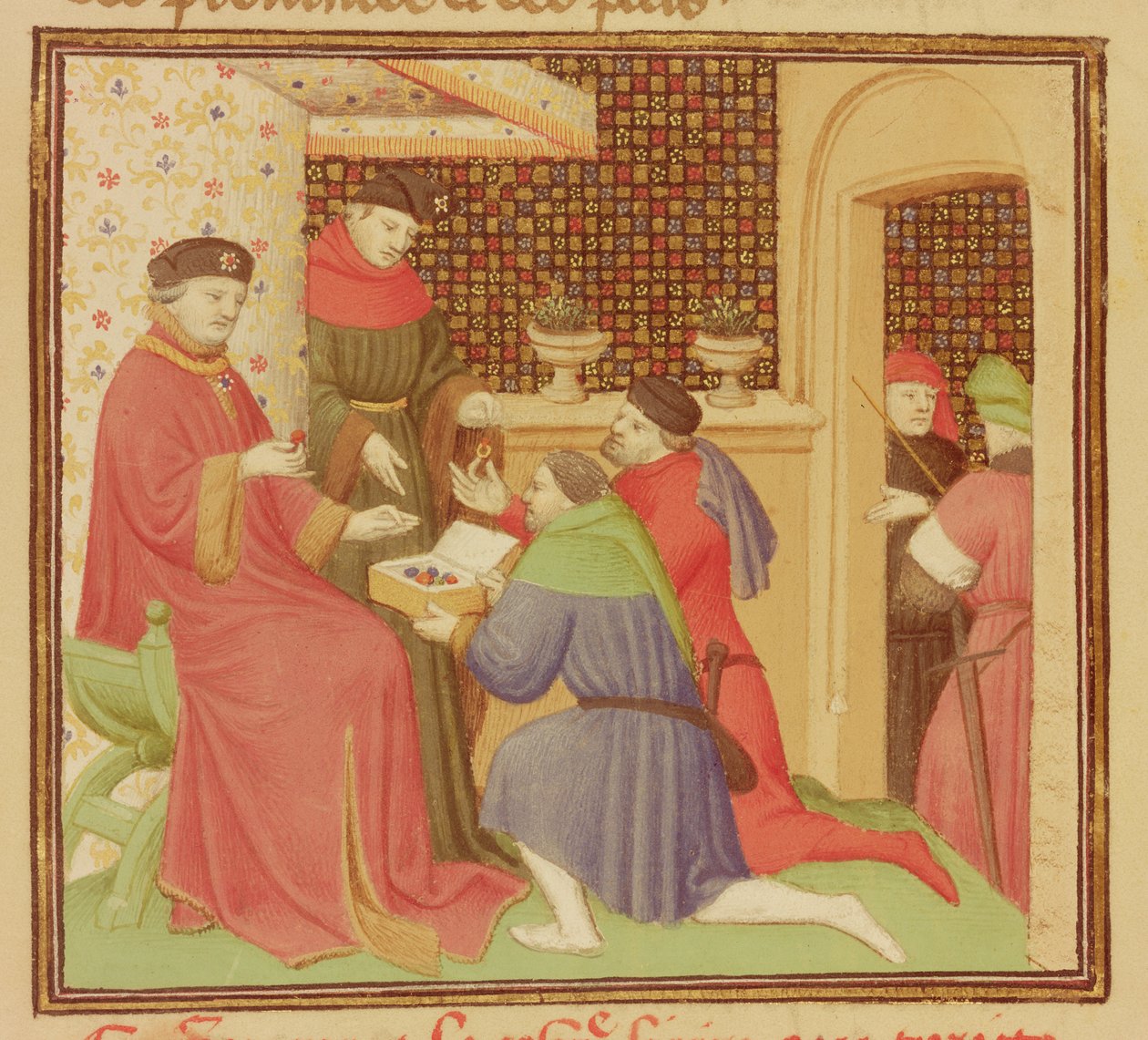 Ms Fr 9141 fol. 235 Herttua vastaanottamassa jalokiviä, Barthelemy l