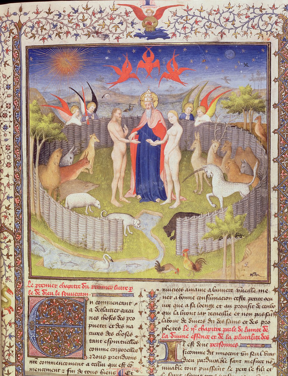 Ms 251, f.16r: Aatamin ja Eevan avioliitto teoksesta Des Proprietes De Choses, n. 1415 lehtikultaa, kultamustetta ja temperaa pergamentilla. 276966:n yksityiskohta. tekijältä Boucicaut Master