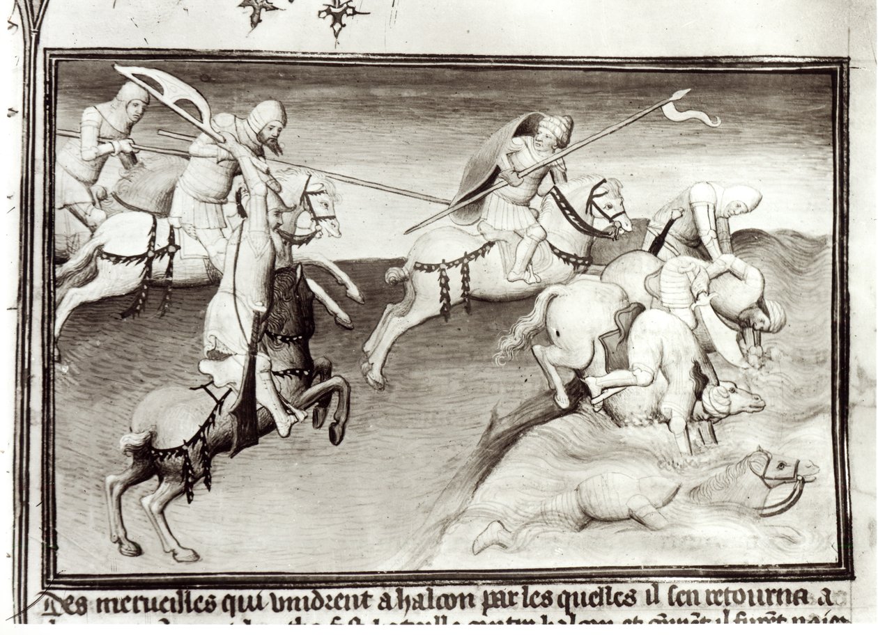 Ms Fr 2810 Mongolien johtaja Hulagu, Ilkhanaatin khaani jahtaa serkkuaan Berkeä, Kipchakin eli Kultahorden khaania vuonna 1262 ja pakottaa hänet jokeen Livre des Merveilles du Mondesta, n. 1410- tekijältä Boucicaut Master