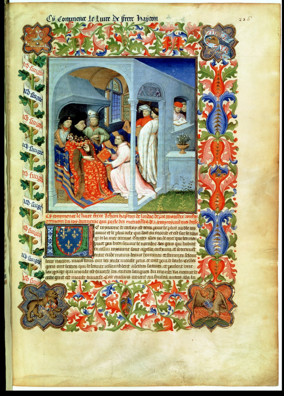 Ms Fr 2810 f.226, veli Hayton esittelee kirjansa Jean Sans Peurille, "Livre des Merveilles du Monde", n. 1410-1212 (tempera 1vellum) tekijältä Boucicaut Master