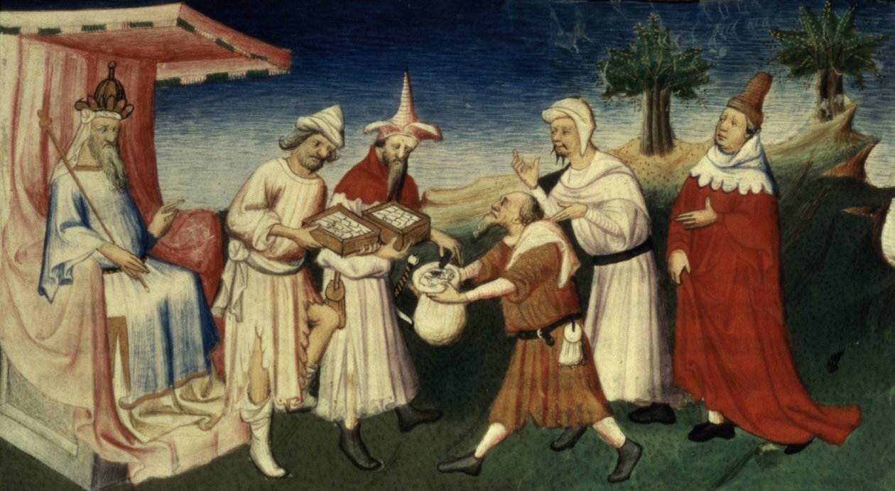 Ms Fr 2810 f.45, Miten suurkaani käytti puun kuorta rahana, teoksesta "Livre des Merveilles du Monde", n. 1410-12 (tempera pergamentilla). tekijältä Boucicaut Master