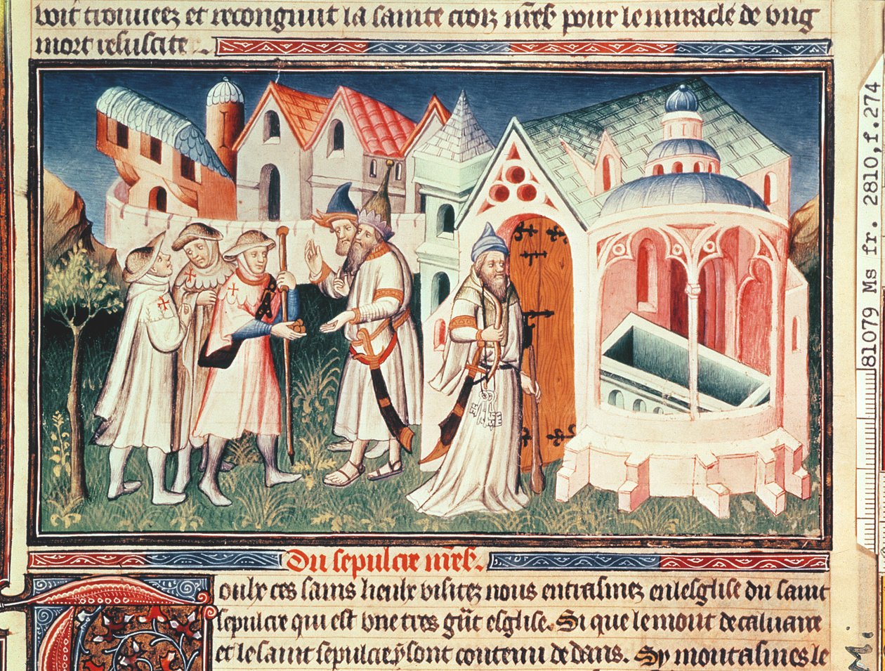 Ms Fr 2810 fol.274, Pyhiinvaeltajat Jerusalemin Pyhän haudan kirkon edessä, teoksesta "Livre des Merveilles de Monde", n. 1410-1412 (tempera vellum) tekijältä Boucicaut Master