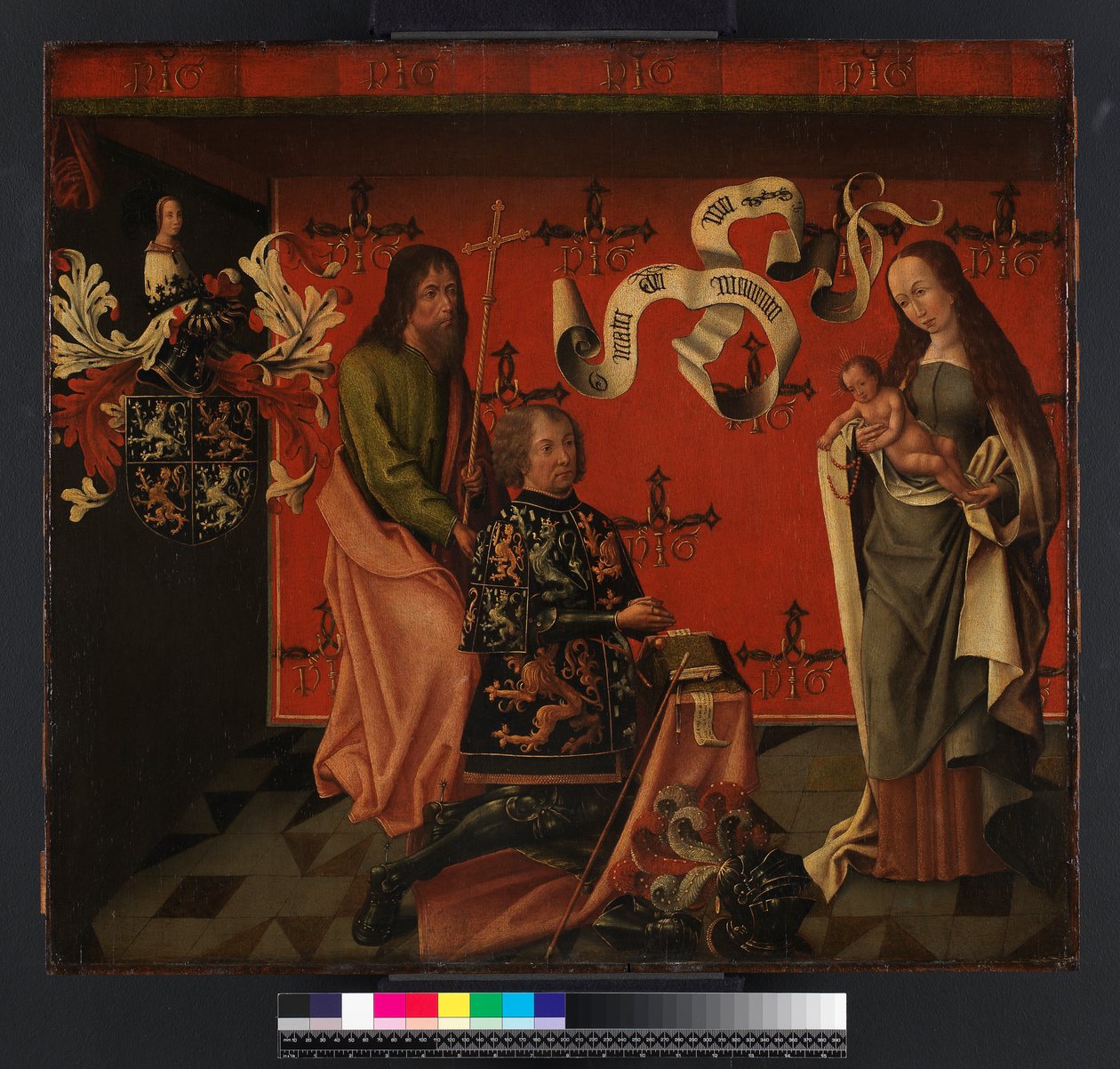 Muotokuva Chevalier Philip Hinckaertista ja Pyhä Filippus Apostolista Neitsyt Marian ja lapsen edessä, noin 1494-1505. tekijältä Brabant School