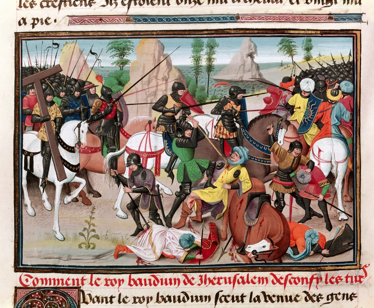Ms 5089-90 Taistelu kuningas Baldwin I:n (n. 1058-1118) ja turkkilaisten välillä, David Aubertin Chroniques des mpereurs, 1462 tekijältä Brabant School