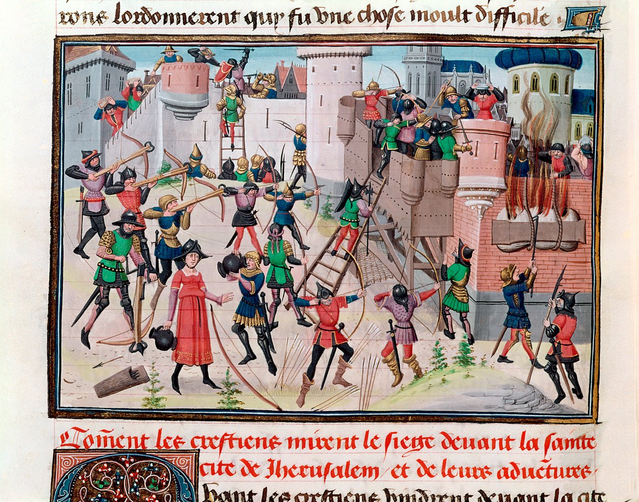 Ms 5089-90 Jerusalemin piiritys kristittyjen toimesta yhden ristiretken aikana, David Aubertin kirjasta Chroniques des mpereurs, 1462 tekijältä Brabant School
