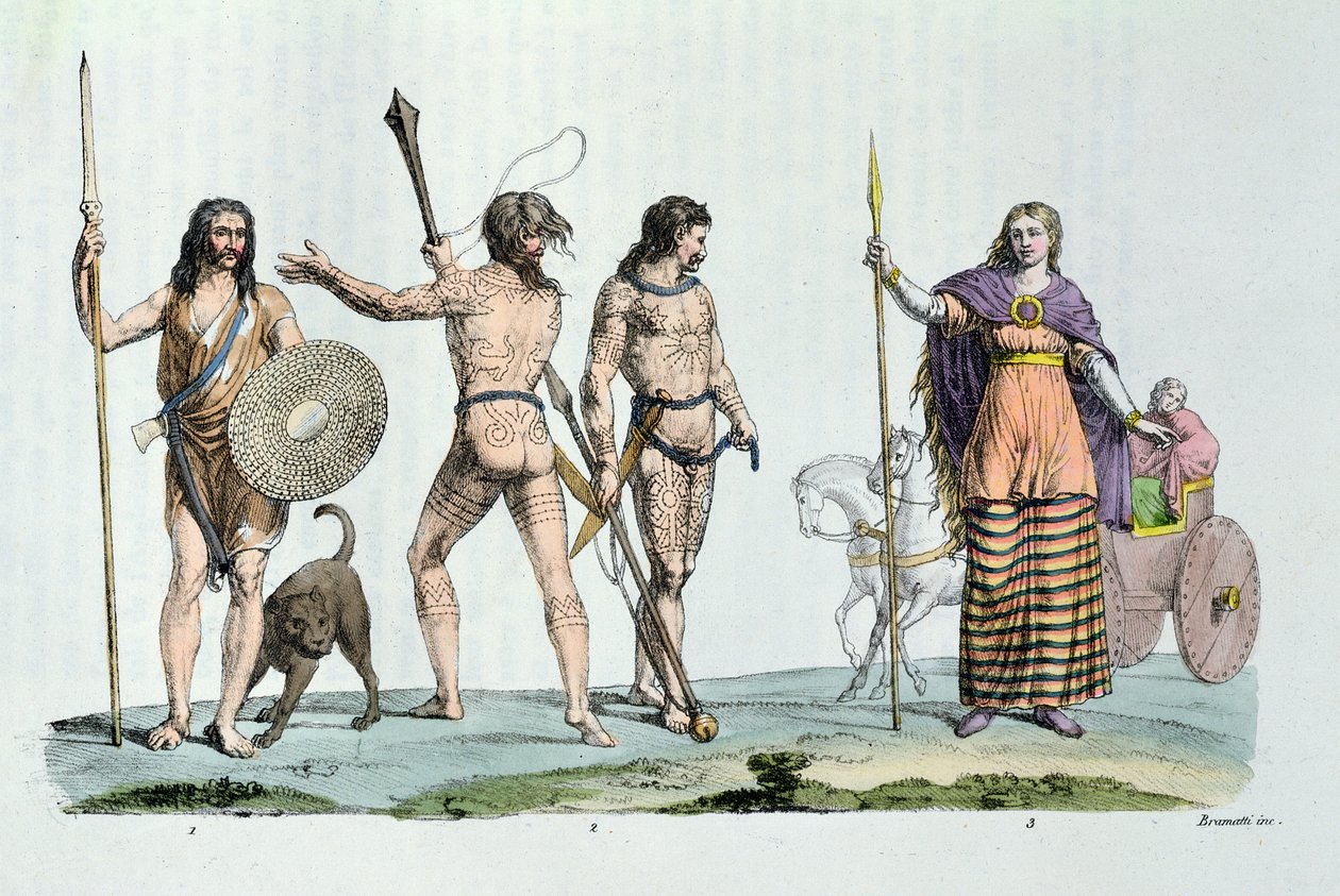 Kelttiläisiä ihmisiä Julius Caesarin aikana, kuvitus Jules Ferrarion teoksesta "Le Costume Ancien ou Moderne", julkaistu Milanossa noin 1820 (värikaiverrus) tekijältä G. and Raineri Bramatti