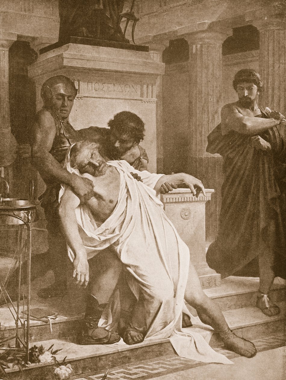 The Death of Demosthenes, kuvitus "Hutchinsons History of the Nations" -teoksesta, n. 1910 tekijältä Bramtott