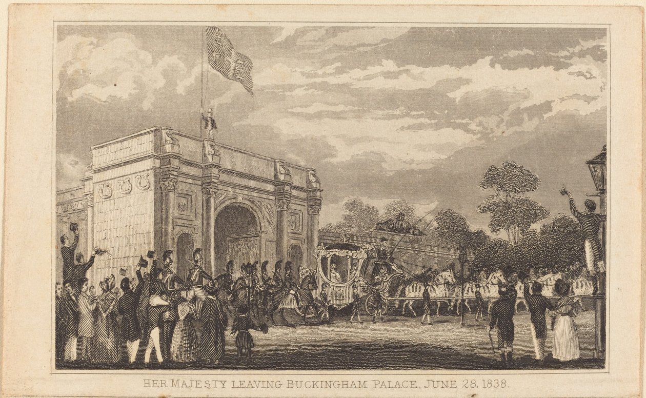 Hänen Majesteettinsa lähtee Buckinghamin palatsista, 28. kesäkuuta 1838 [vasen puoli] tekijältä British 19th Century