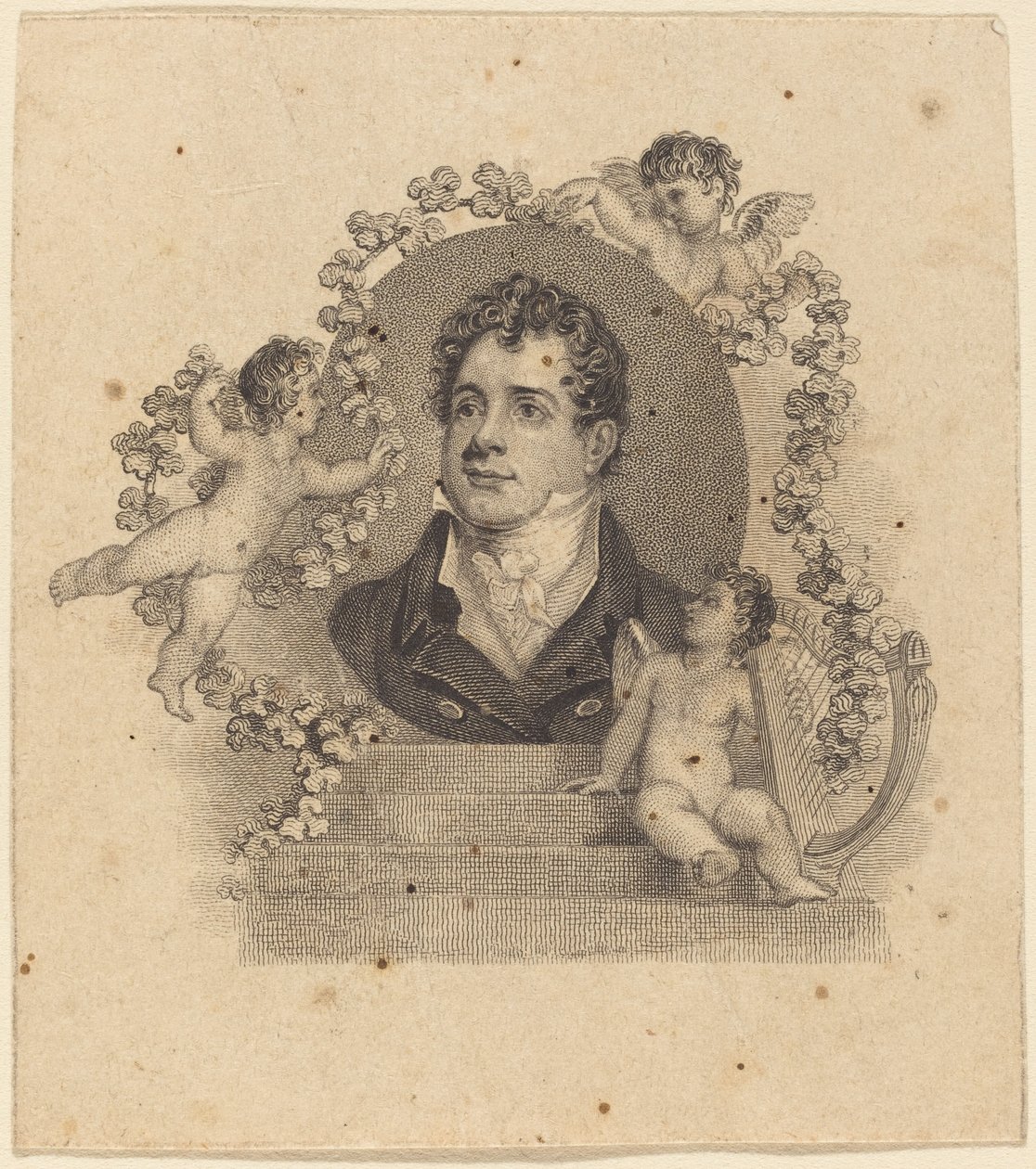 Nuoren herrasmiehen muotokuva Cupidien ympäröimänä; Lordi Byron? tekijältä British 19th Century