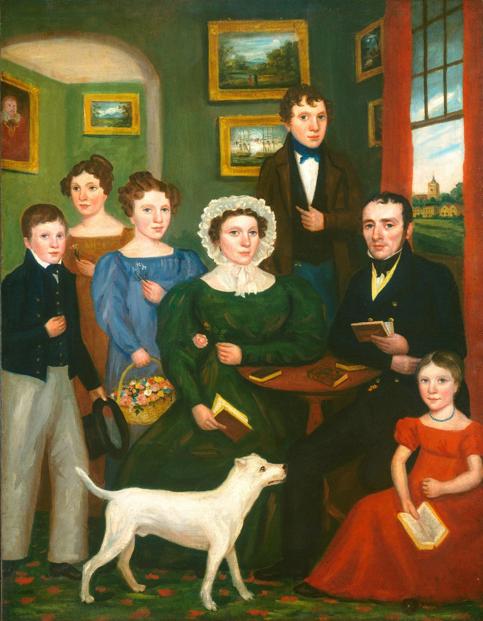 Muotokuva tuntemattomasta perheestä terrierin kanssa tekijältä British 19th Century