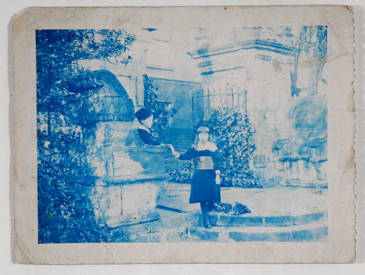 Elaine ja Lancelot Grimshaw Knostrop Hallin porteilla (syanotypia) tekijältä British Photographer