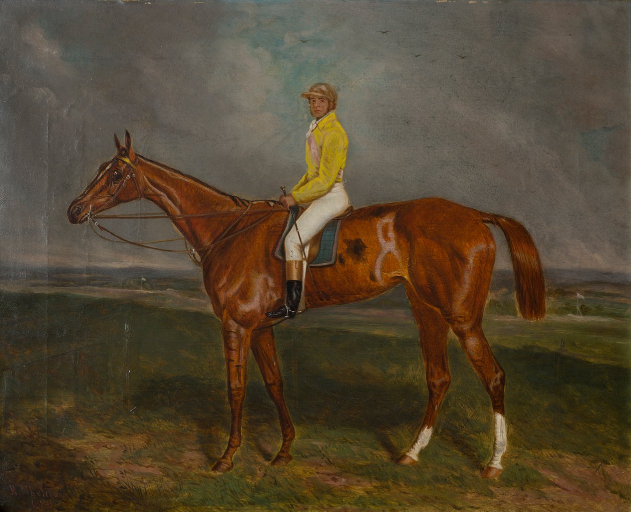 A Chestnut Racehorse with Jockey, n. 1860-1890 (öljy kankaalle) tekijältä British School
