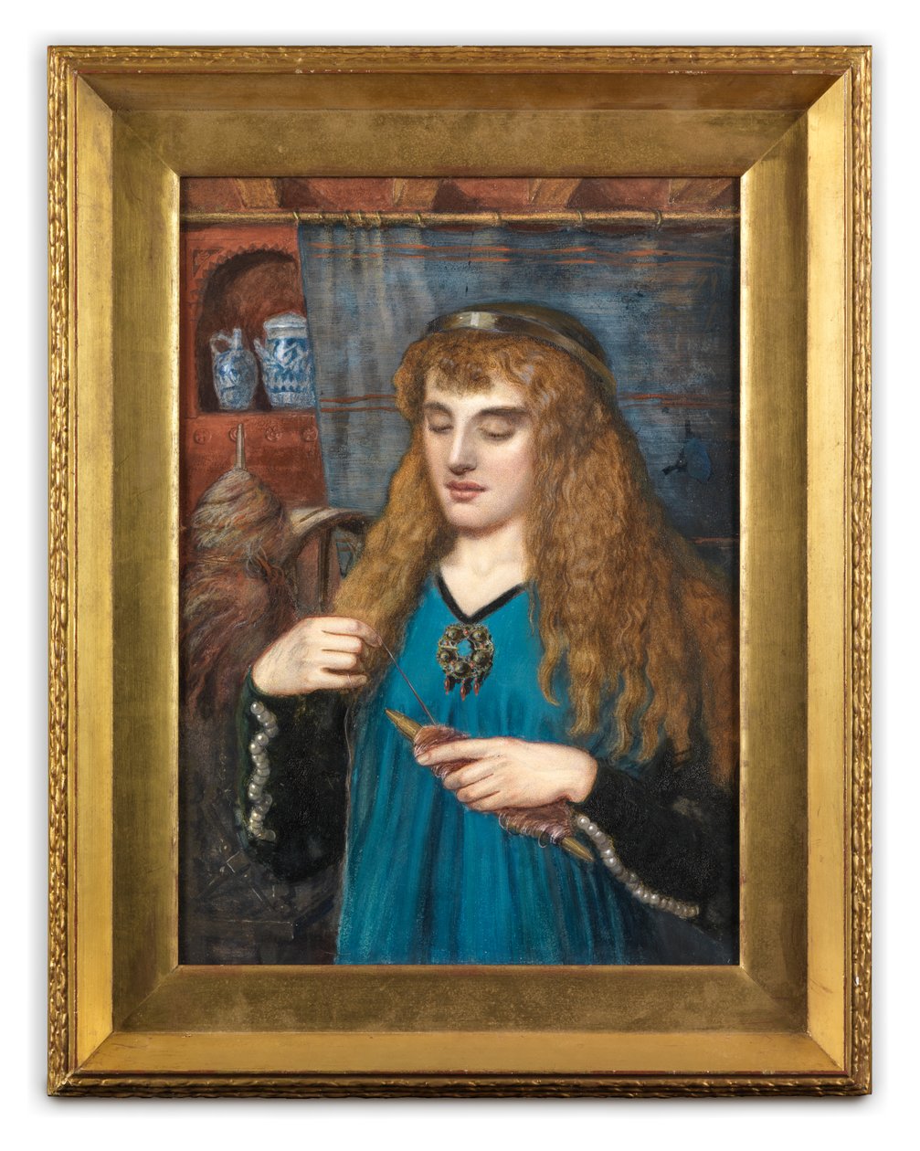 A Maiden Winding Wool, n. 1890 (Guassi, akvarelli ja vartaloväri kortilla) tekijältä British School