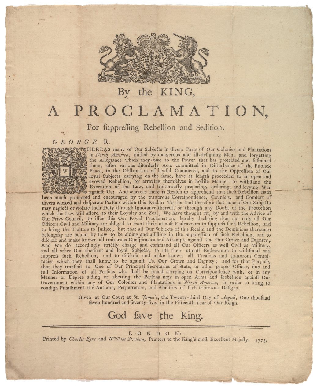 Julistus kapinan tukahduttamisesta..., 23. elokuuta 1775 tekijältä British School