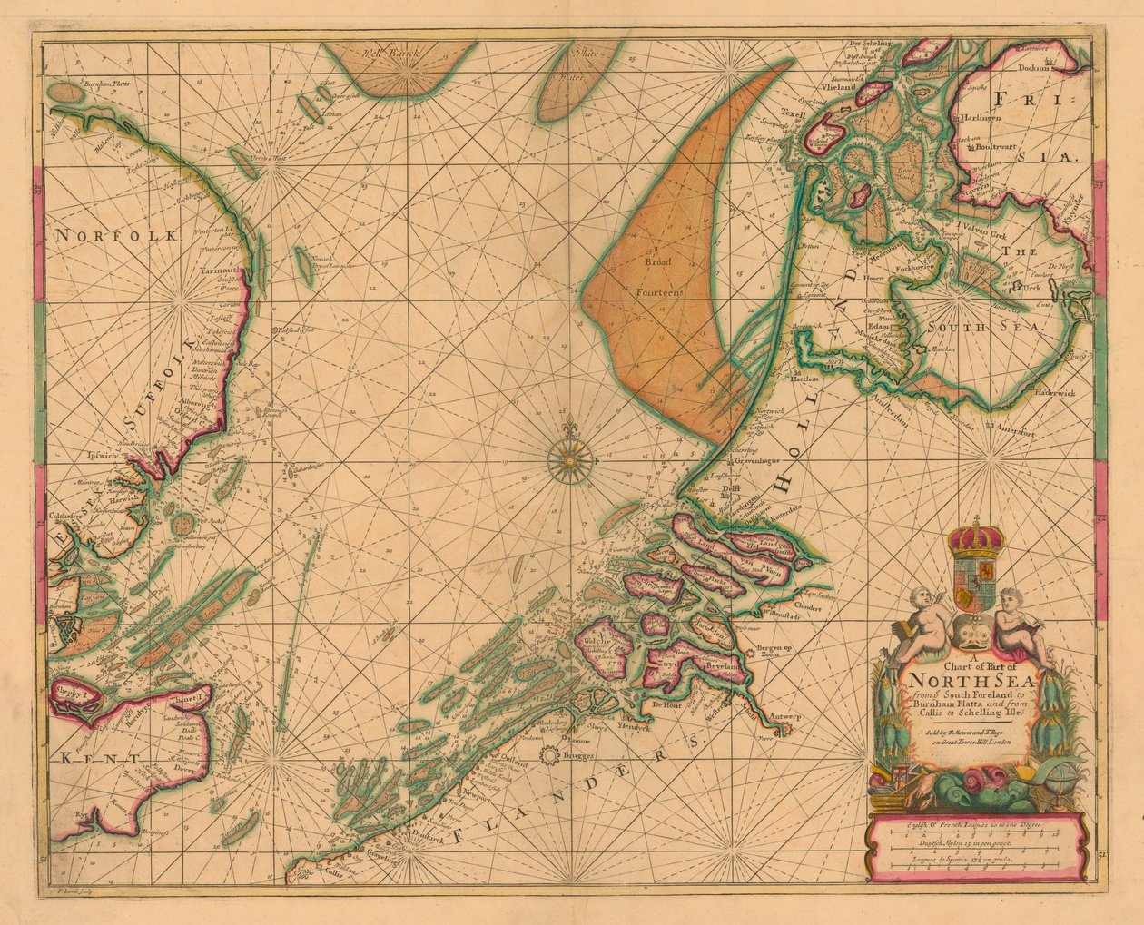 Pohjanmeren merikartta South Forelandista Burnham Flattsiin ja Callisista Schelling-saareen, noin 1700 (värillinen kaiverrus). tekijältä British School