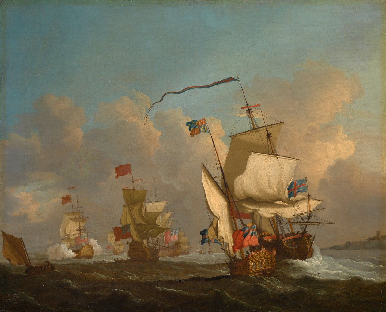 Kuninkaallinen jahti ja laivasto lähdössä liikkeelle tuulessa, noin 1720 (öljy kankaalle). tekijältä British School
