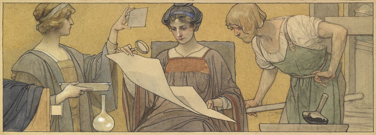 Painatuksen ja valokuvauksen allegoria (akvarelli vartalovärillä ja kynällä ja musteella paperille) tekijältä British School