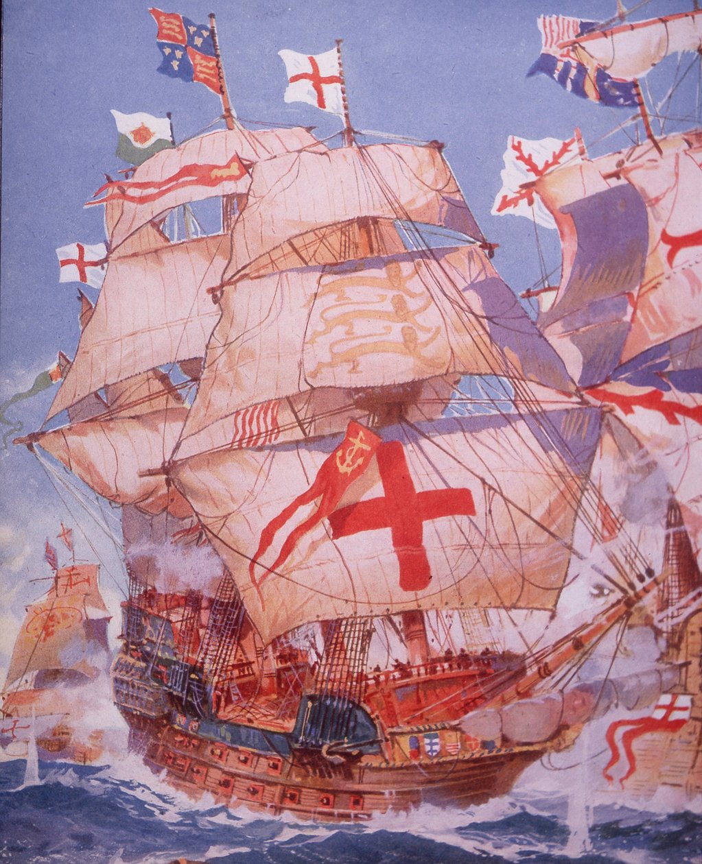 Ark Royal taistelee espanjalaista armadaa vastaan vuonna 1588 (väri litho) tekijältä British School