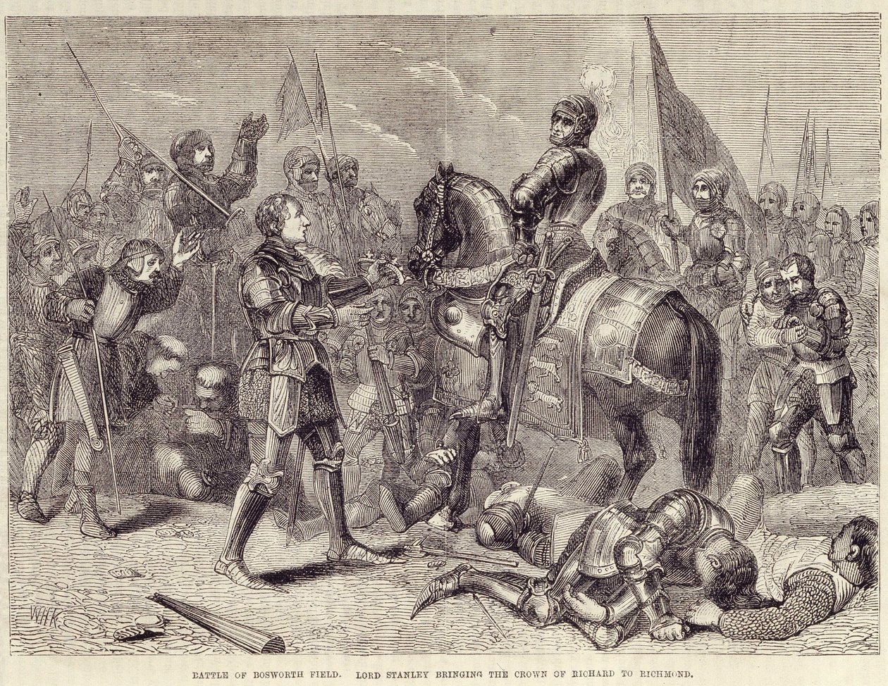 Bosworthin taistelukenttä. Lordi Stanley tuo Richard III:n kruunun Richmondiin (1485): Kahden ruusun sodan loppu - "" Cassellin kuvitetussa Englannin historiassa", voi. II, kirjoittanut William Howitt tekijältä British School