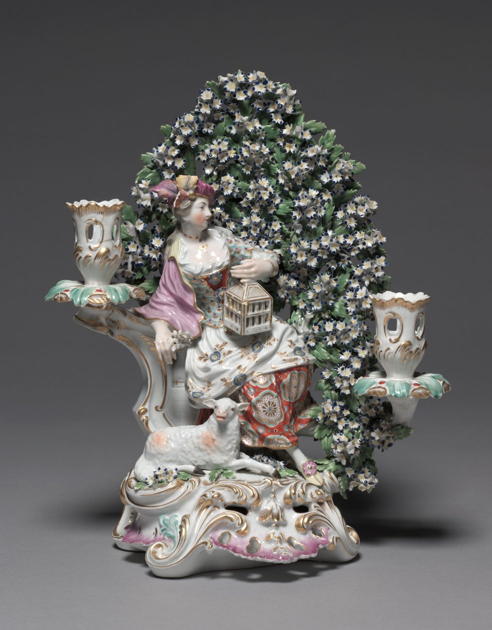 Kynttelikkö Shepherdessin kanssa, valmistaja Derby Porcelain Factory tekijältä British School