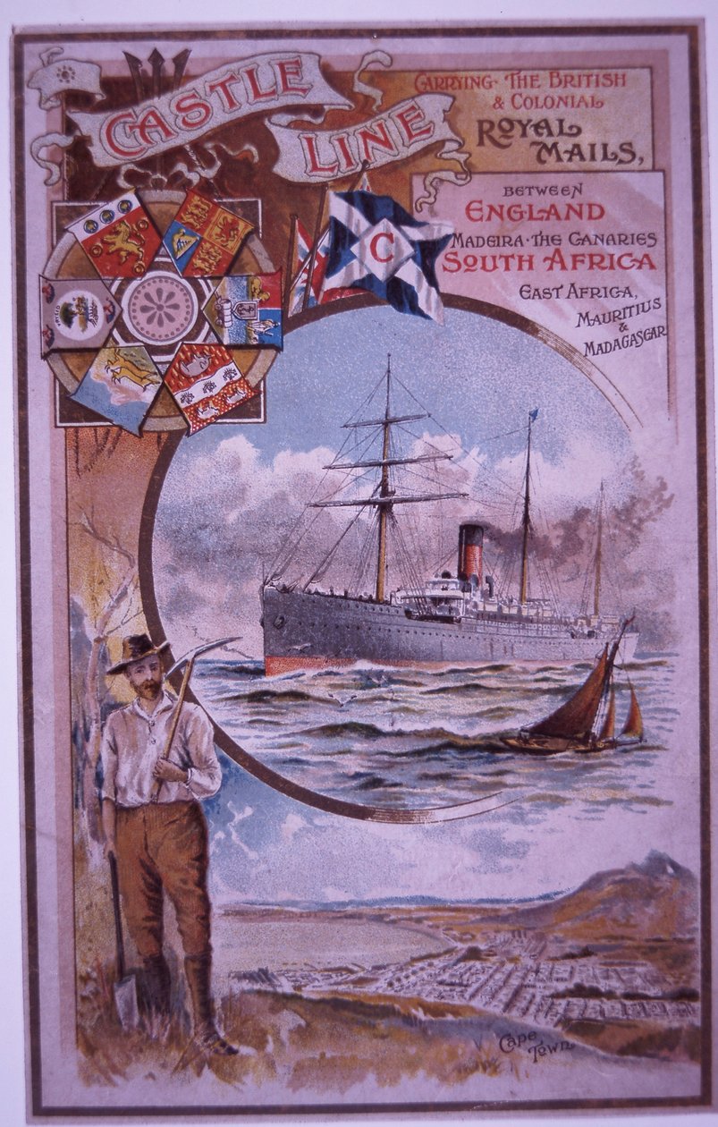 Castle Line -vihkonen luettelo Tantallonin linnan matkustajista, jotka purjehtivat Kapkaupungista Lontooseen vuonna 1898 (värilitho) tekijältä British School