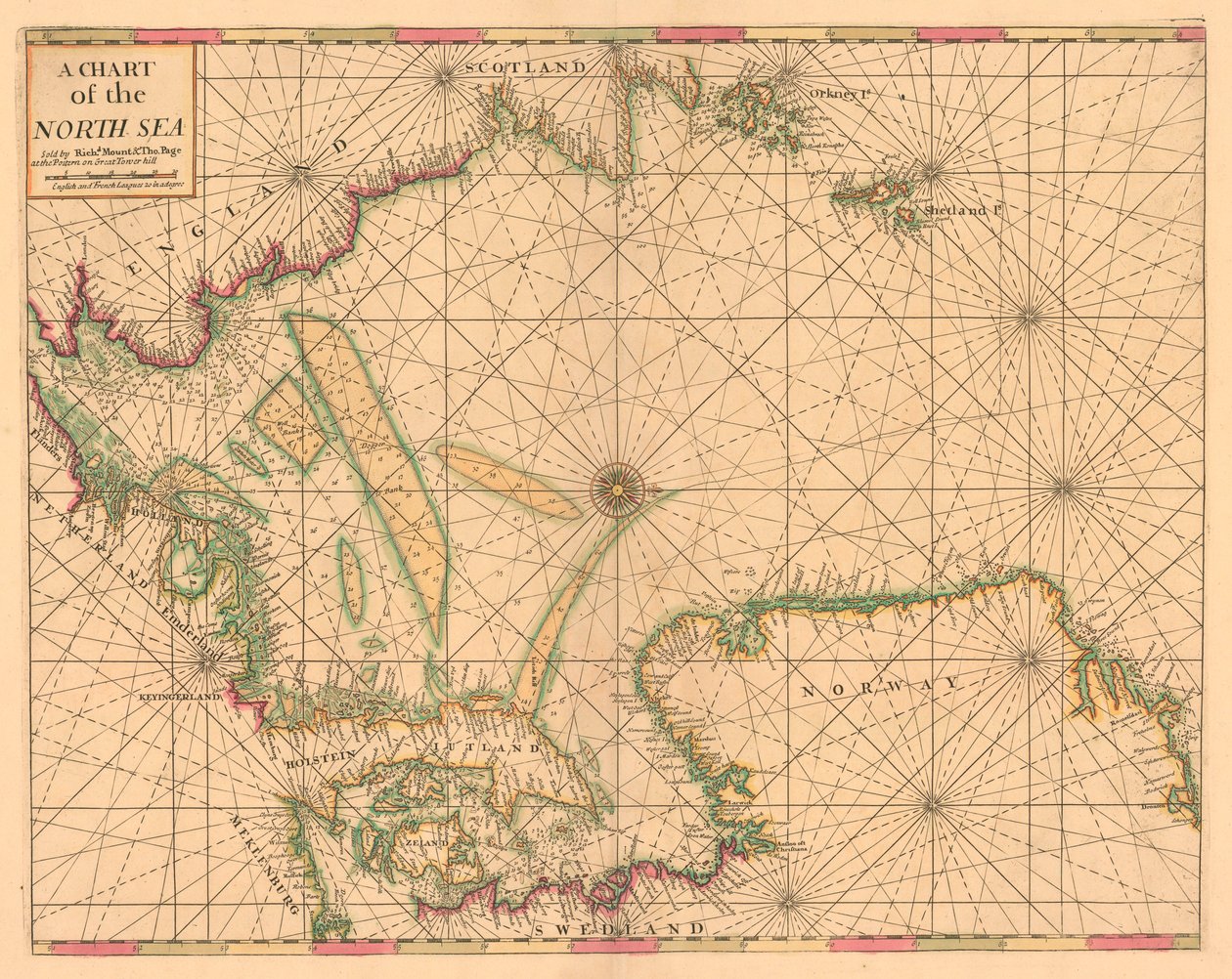 Pohjanmeren kartta: Norjasta Doverin salmiin, noin 1700 (värillinen kaiverrus). tekijältä British School