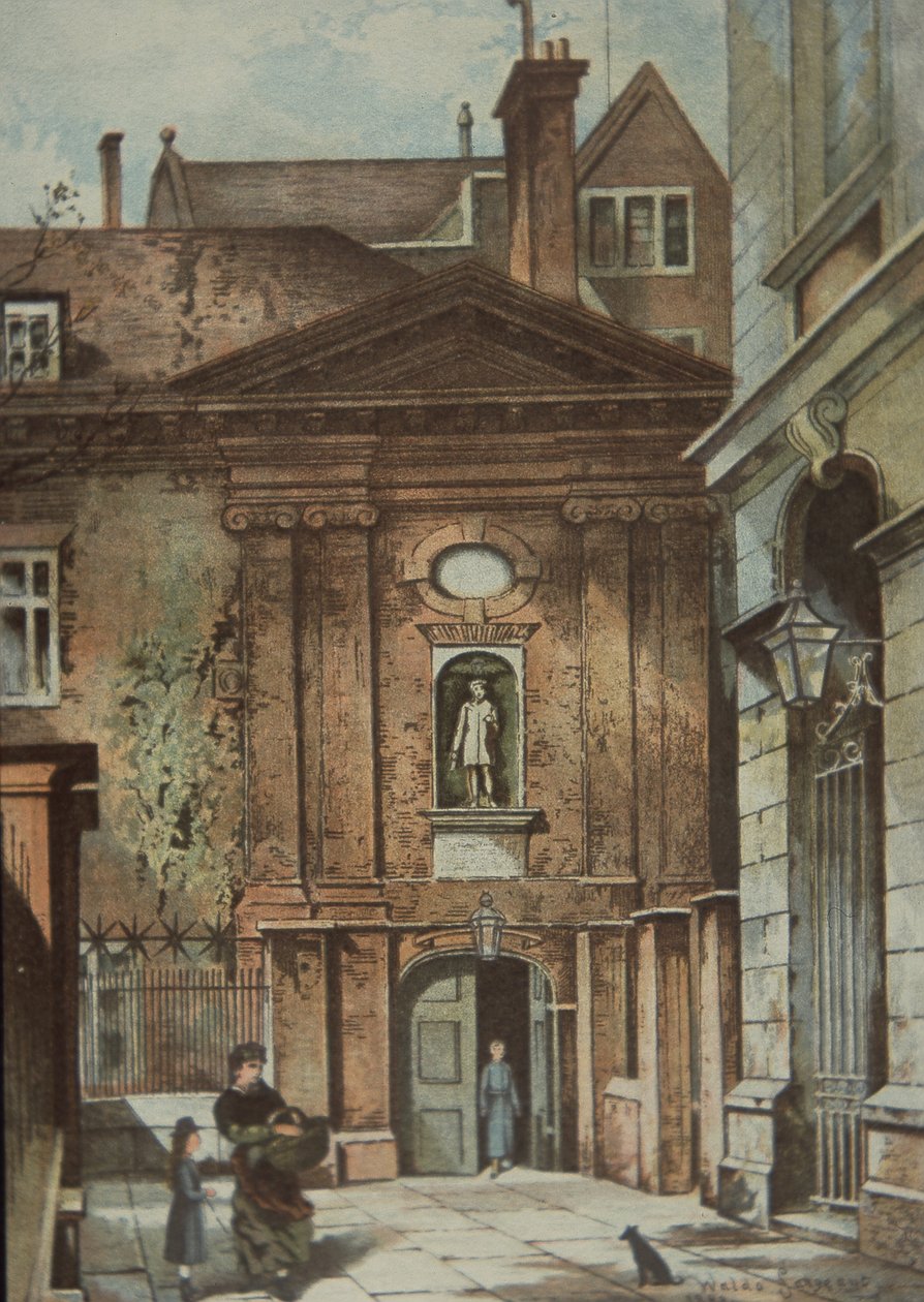 Kristuksen orpojen sairaala, Newgate Street, Lontoo, n. 1885 (väri litho) tekijältä British School