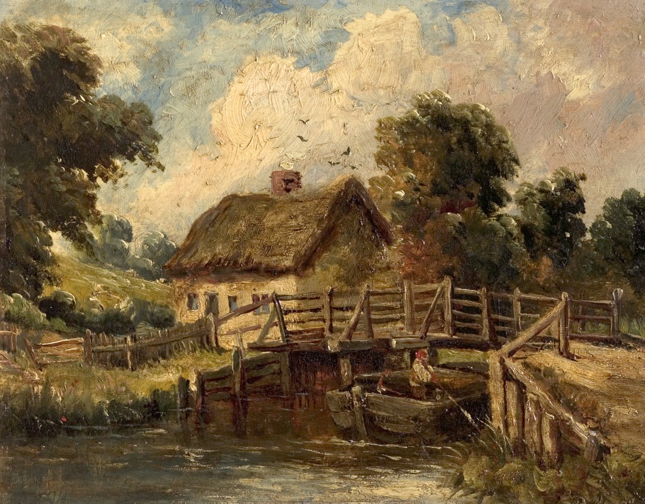 Mökki lähellä East Bergholtia, Suffolk (öljy kankaalle) tekijältä British School