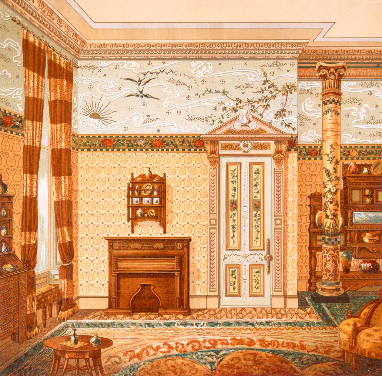 Suunnittelu esteettiseen sisustukseen, julkaisusta "Interior Decorations Designed by McCulloch & Gow", julkaistu 1880-luvulla (värilitho) tekijältä British School