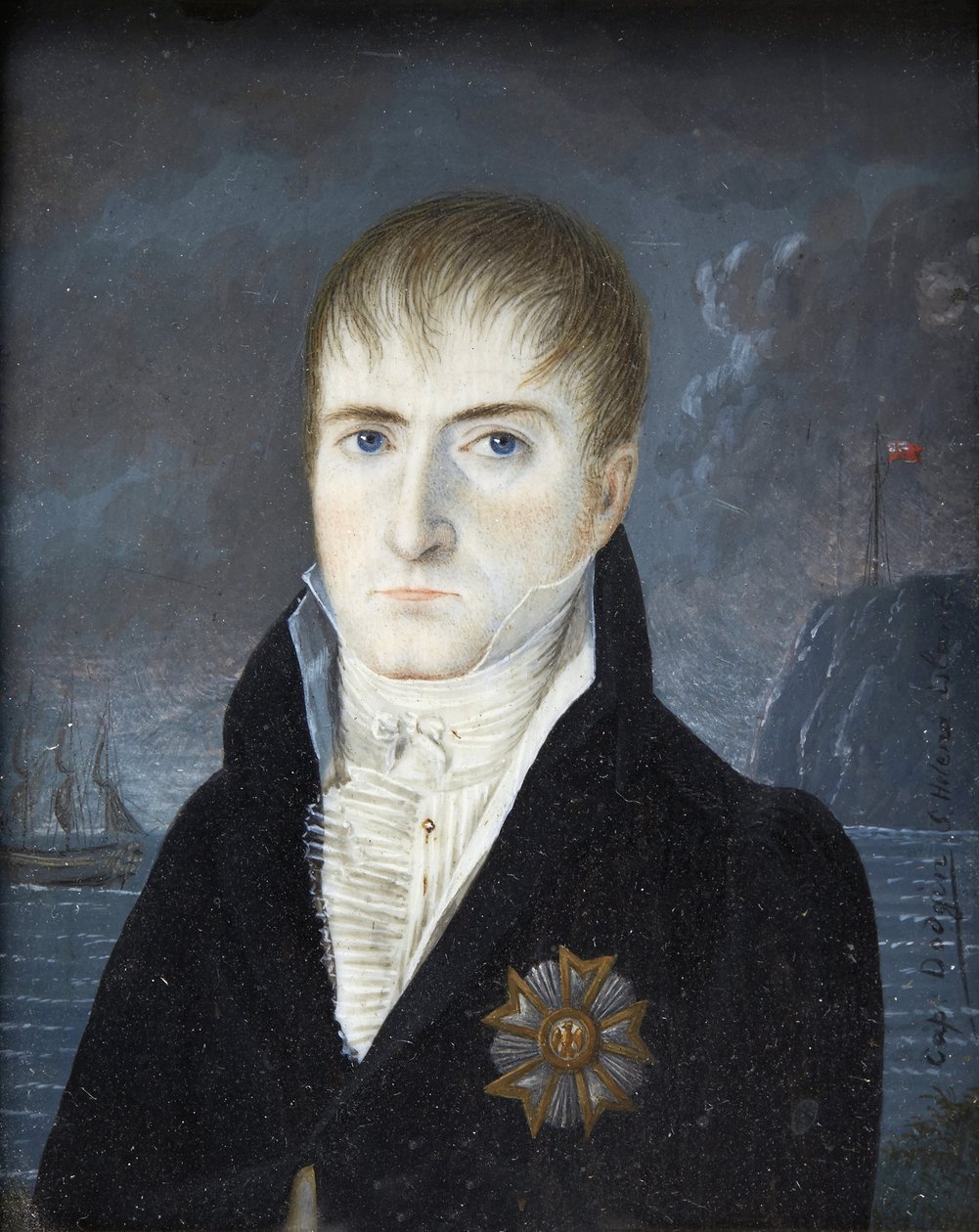 Keisari Sainte-Helenen saarella - Keisari Napoleon 1. muotokuva paljaspäin, musta takki, jolla on suuri kunnialegioonan ritarikunnan kotkataulu - Kapteeni Dodginin (aktiivinen) Napoleon Bonaparten muotokuva Pyhän Helenan saarella tekijältä British School
