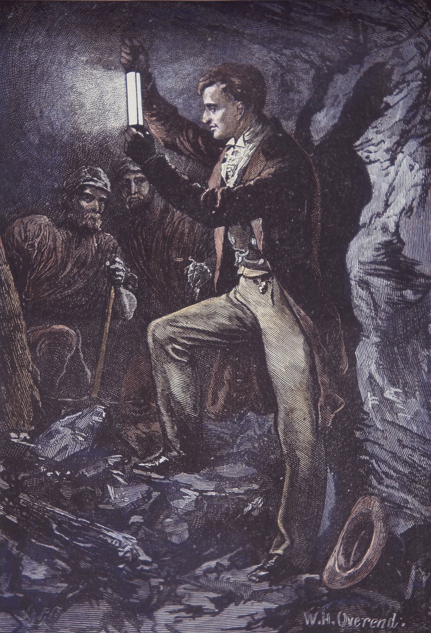 Humphry Davy Davy-turvalampulla kaivostyöläisille, keksitty vuonna 1815 (käsinvärinen puukaiverrus) tekijältä British School