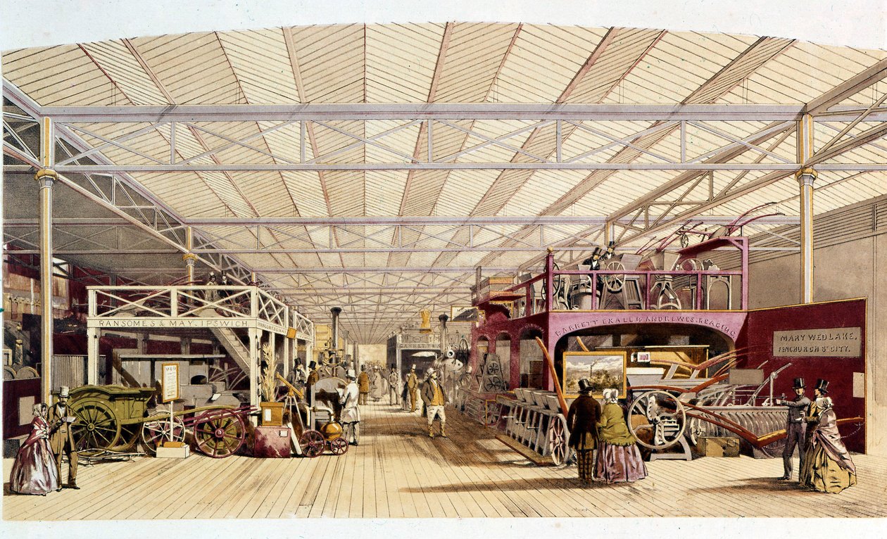 Teollinen vallankumous: sisäkuva Crystal Palacen maatalouskonepaviljongista, jonka Joseph Paxton rakensi vuoden 1851 maailmannäyttelyä varten Lontoossa (Hyde Park) 1800-luvulla tekijältä British School