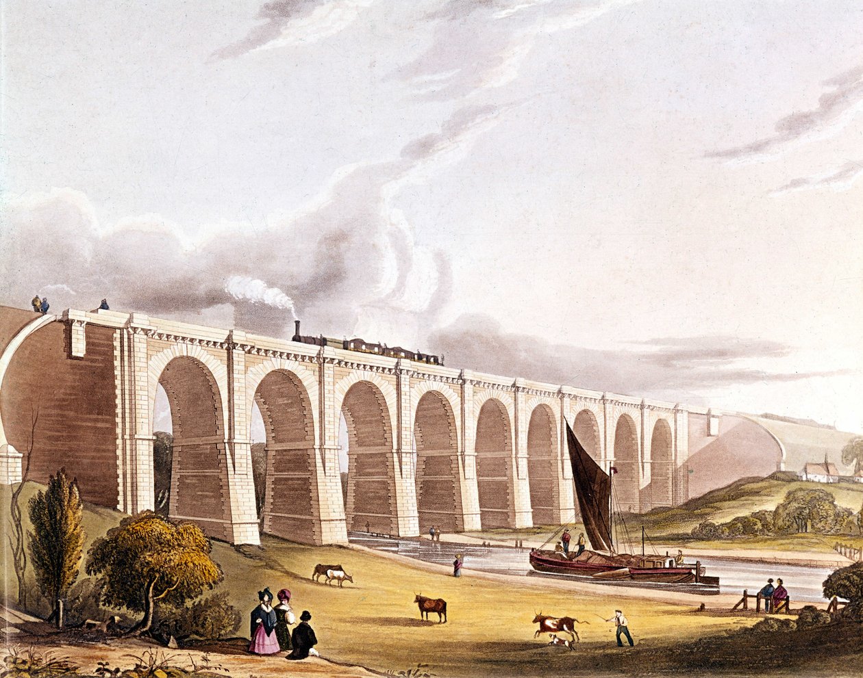 Teollinen vallankumous: näkymä Sankey-laakson ylittävälle rautatiesillalle. Kilpi otettu "" Liverpool & Manchester Railwaysta", Lontoo 1832. tekijältä British School