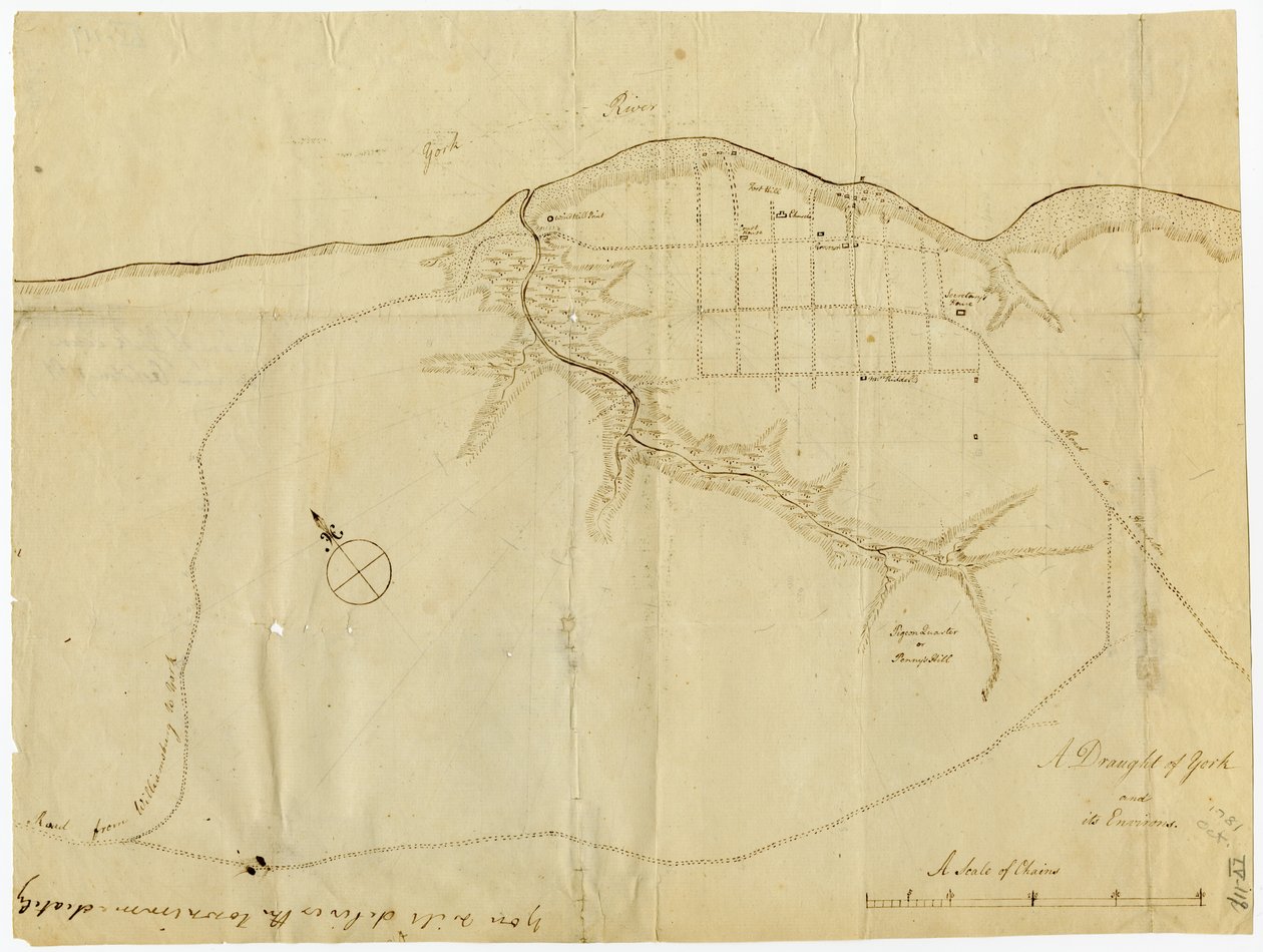 Yorktownin kartta Virginiassa lokakuussa 1781 tekijältä British School