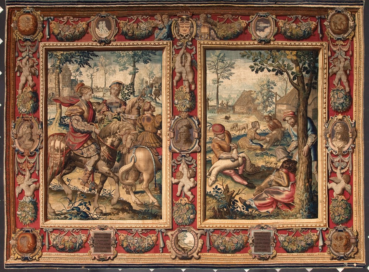 Toukokuu ja kesäkuu: "metsästys ja lampaiden niitto" Gobeliini Mortlaken tehtaista. 1600-luvun Genes, Musei di Strada Nuova. tekijältä British School