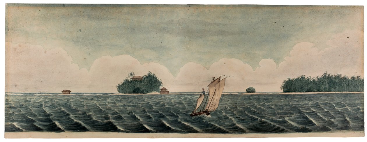 Mr Haren asuinpaikka Cocos- tai Keelingssaarilla, n. 1830 (akvarelli paperille) tekijältä British School