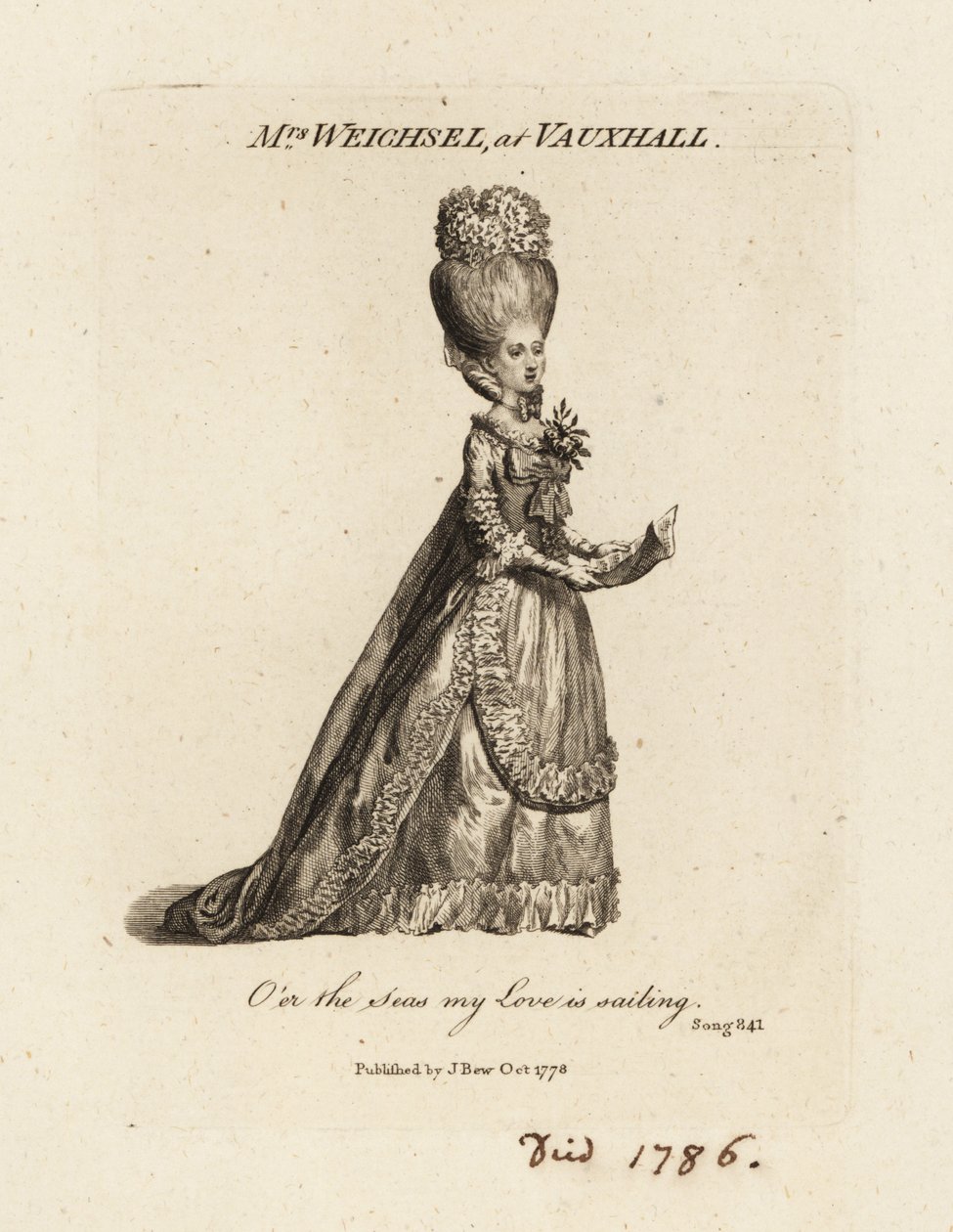 Rouva Frederica Weichsel laulaa Vauxhall Pleasure Gardensissa 1700-luvun lopulla tekijältä British School