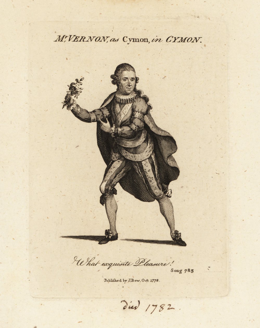 Rouva Joseph Vernon Cymonina laulamassa Thomas Arnen kantaattia Cymon ja Iphigenia tekijältä British School