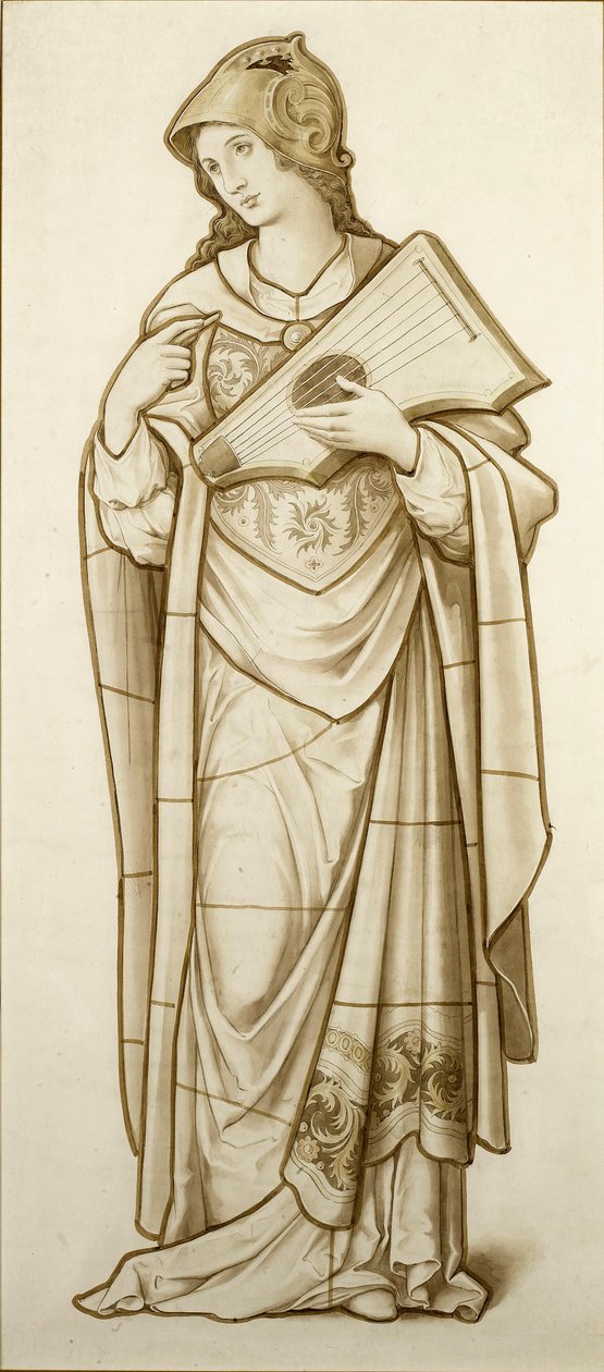 Muse of Lyric Poetry - Sarjakuva lasimaalauksille, n. 1890 (akvarelli paperille) tekijältä British School