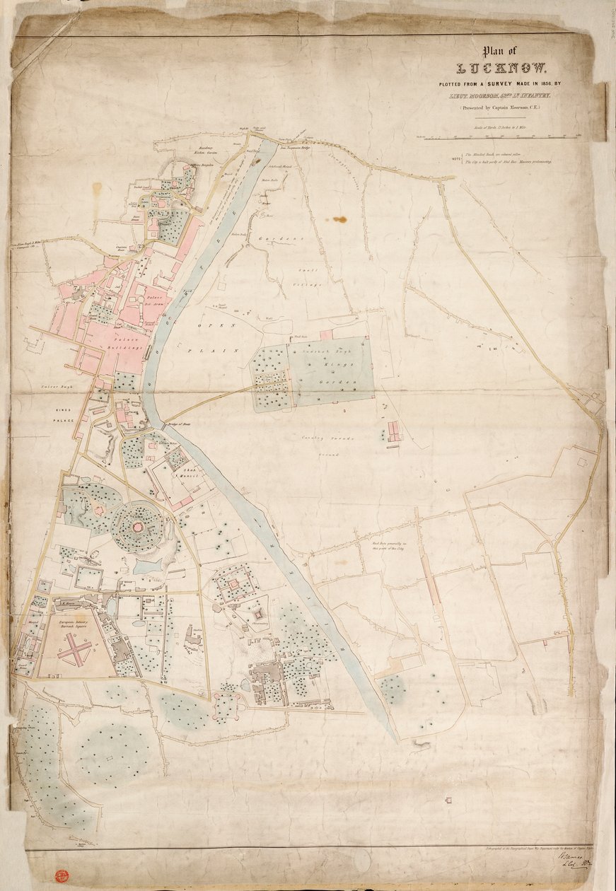 Lucknowin kartta, piirretty vuonna 1856 tehdystä kartoituksesta, jonka teki luutnantti Moorsom, 52. divisioona. Jalkaväkiluutnantti. (Esittänyt kapteeni Moorsom, C.E.), noin 1856 (silkki, paperi). tekijältä British School