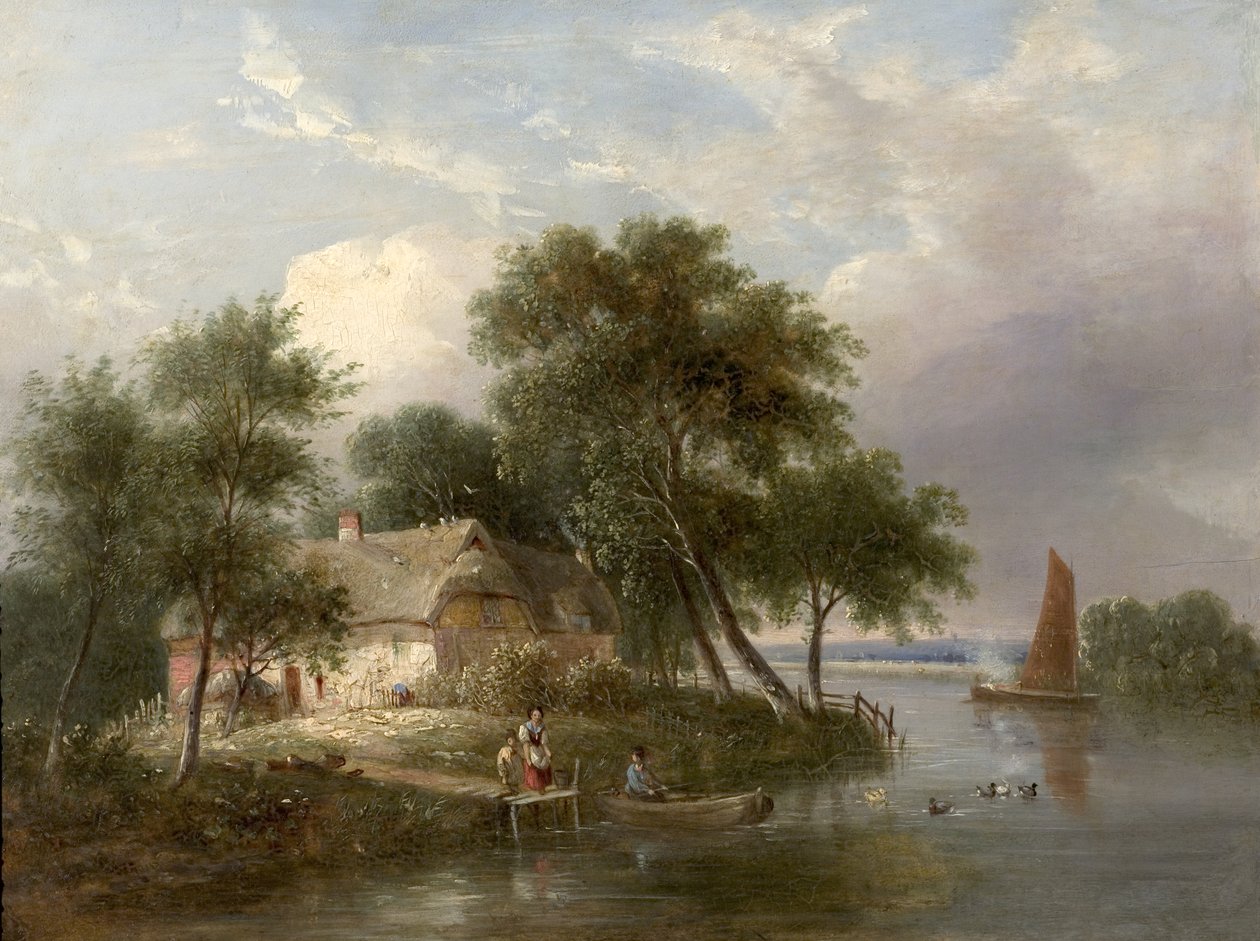 River Scene (mökki ja puut) (öljy puulle) tekijältä British School