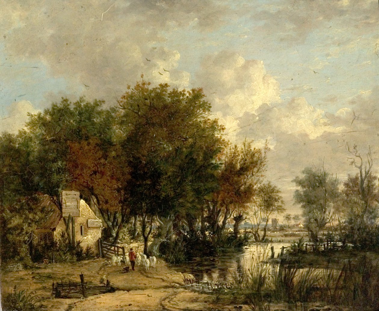 River Scene, poika ajaa lampaita (öljy puulle) tekijältä British School