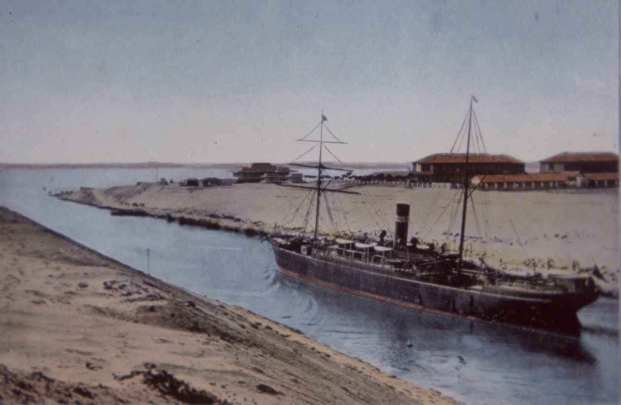 Laiva kulkee Suezin kanavan läpi, 1800-luvun loppu (väri litho) tekijältä British School