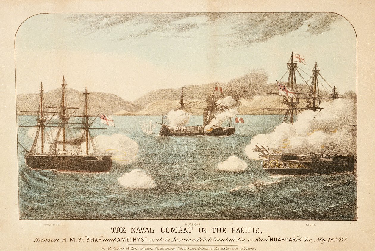 Meritaistelu Tyynellämerellä HMS "Shah" ja "Amethyst" sekä Perun kapinallisen, rautalaivan torni Ram Huascarin välillä Ilon edustalla 29. toukokuuta 1877. tekijältä British School