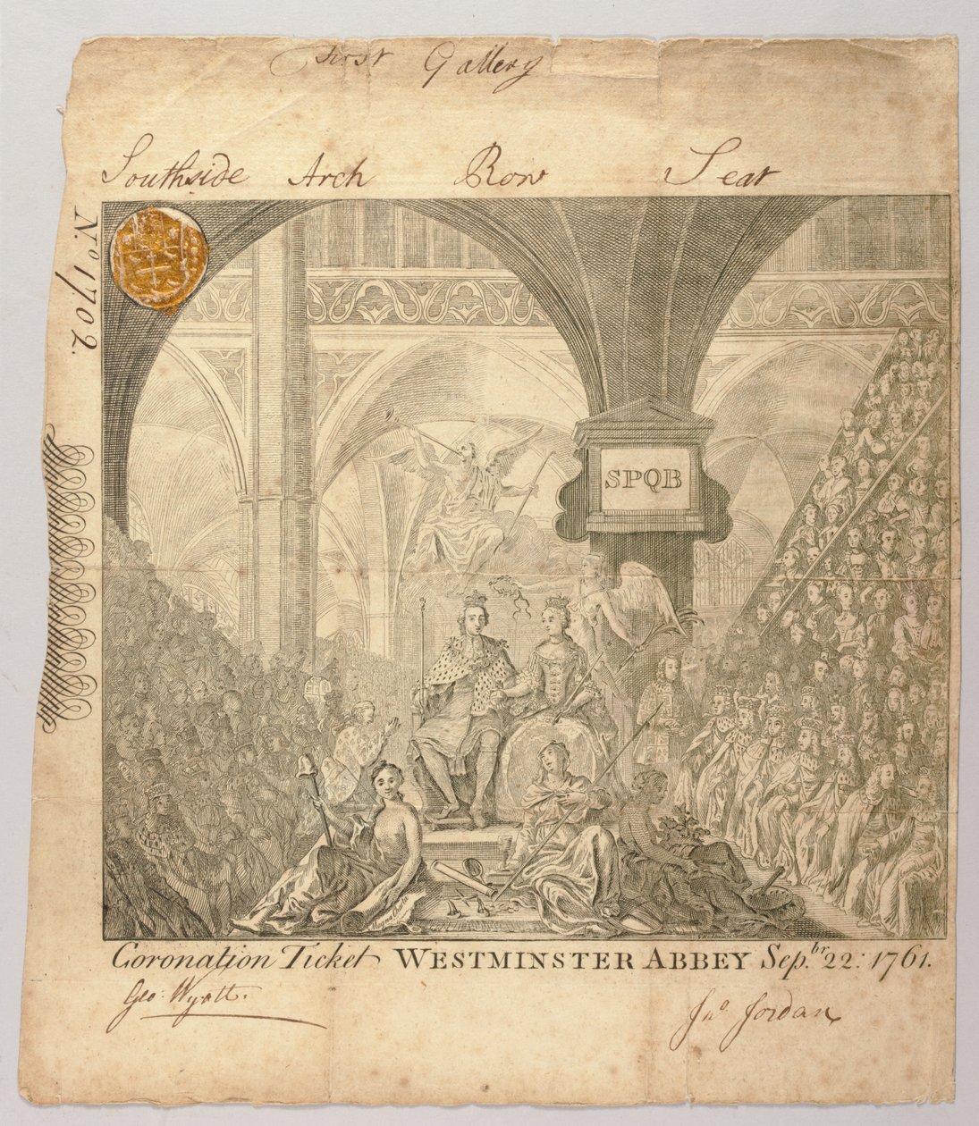 Lippu George III:n kruunausseremoniaan Westminster Abbeyssa, kaiverrus George Bickham, 22. syyskuuta 1761 (kaiverrus) tekijältä British School