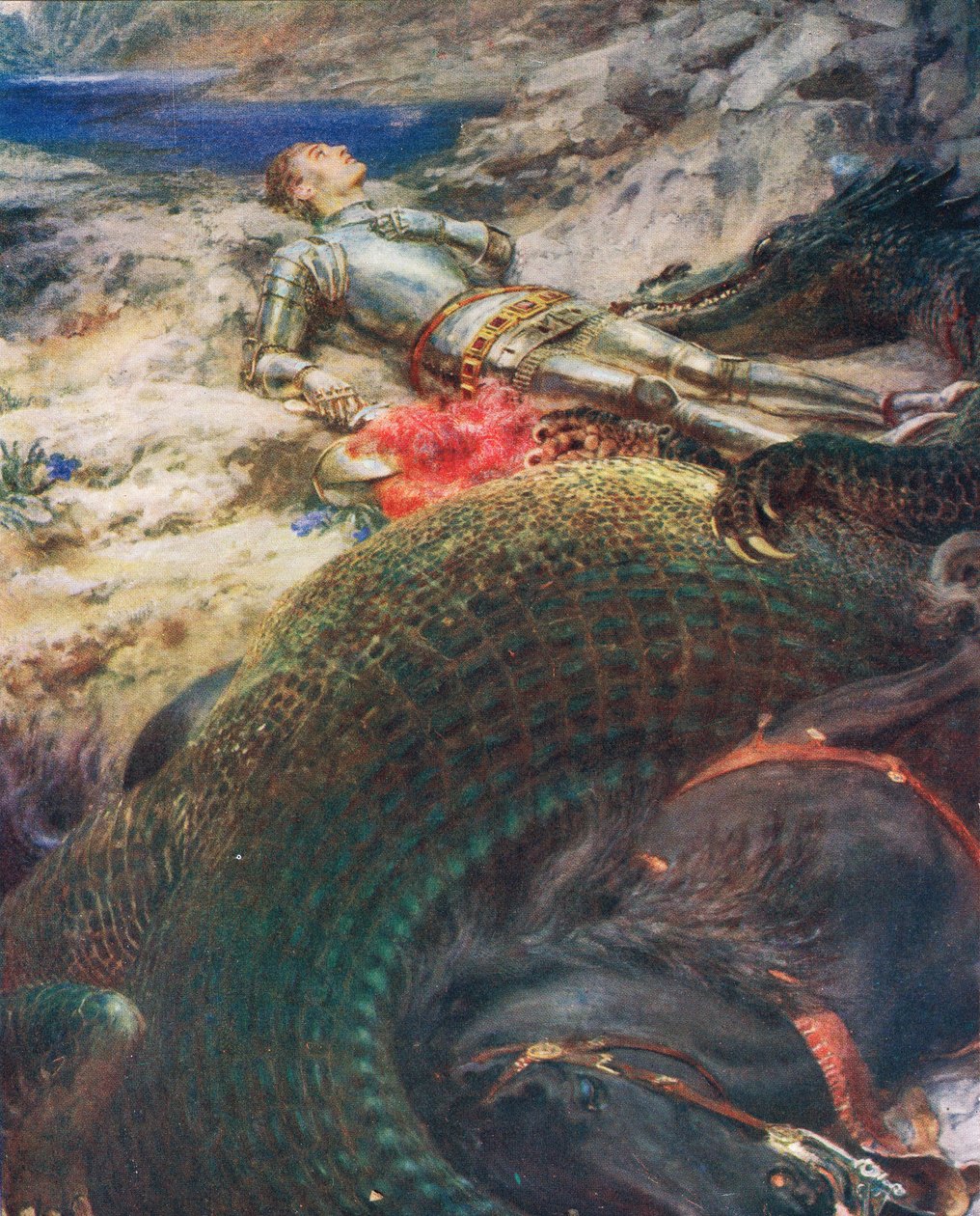 George ja lohikäärme, kuvitus "Kuningas Albertin kirjasta", julkaistu noin 1914 tekijältä Briton Riviere