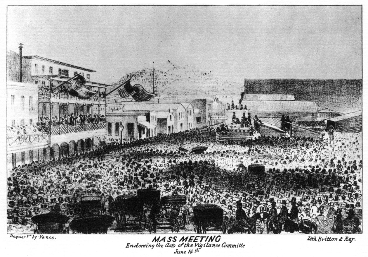 Joukkokokous Fort Vigilantin ulkopuolella, Sacramento, Kalifornia, 1856 1937. tekijältä Britton and Rey