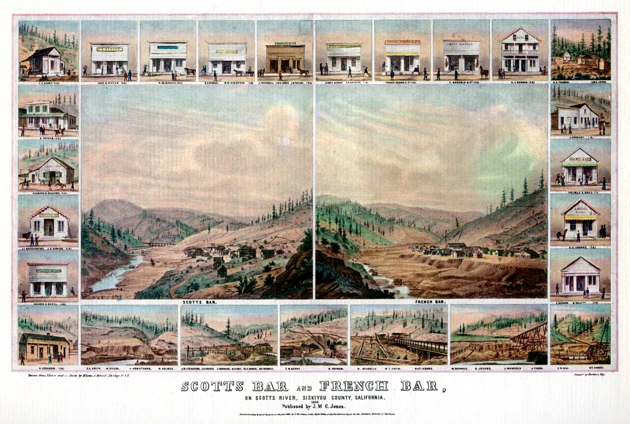 Scotts Bar ja French Bar, Scotts Riverin varrella, Siskiyou County, Kalifornia, 1856 1937. tekijältä Britton and Rey